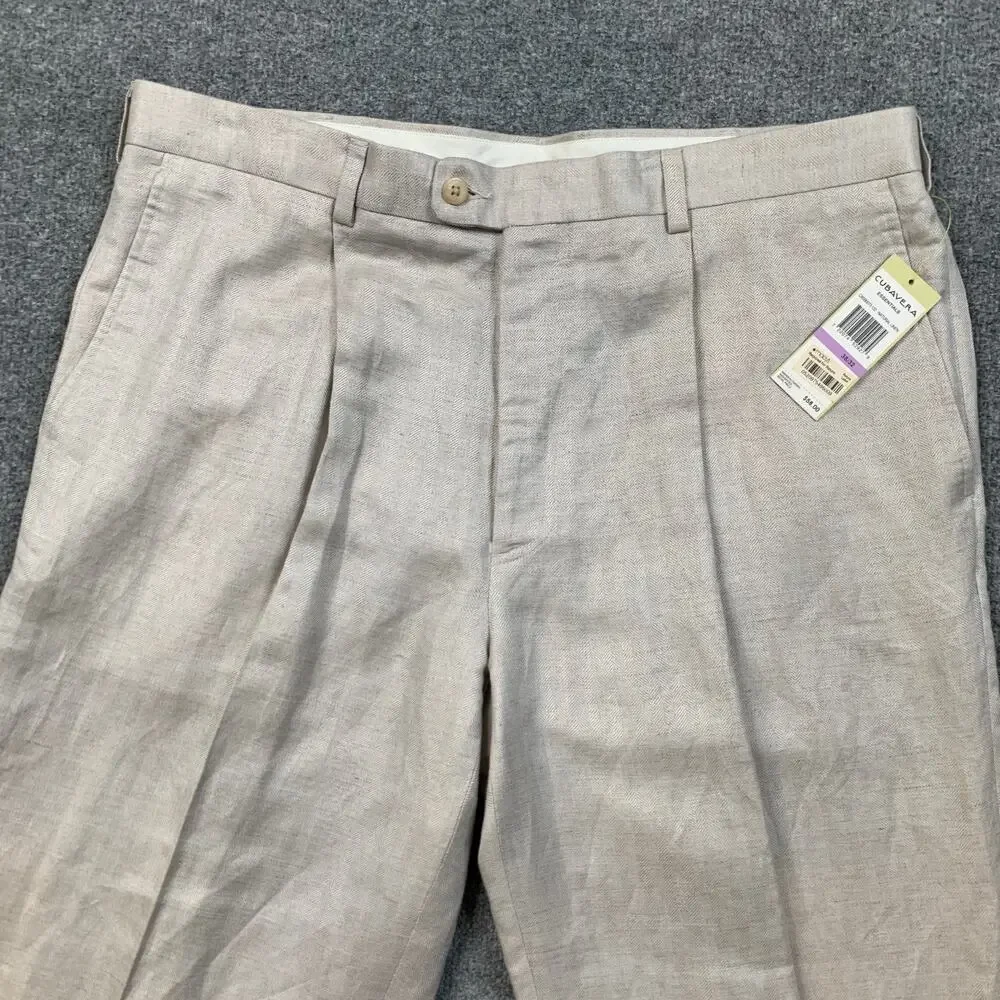 Cubavera Pants Mens 38 Ivory Linen Rayon Blend Herringbone Pleated Pocket Dress